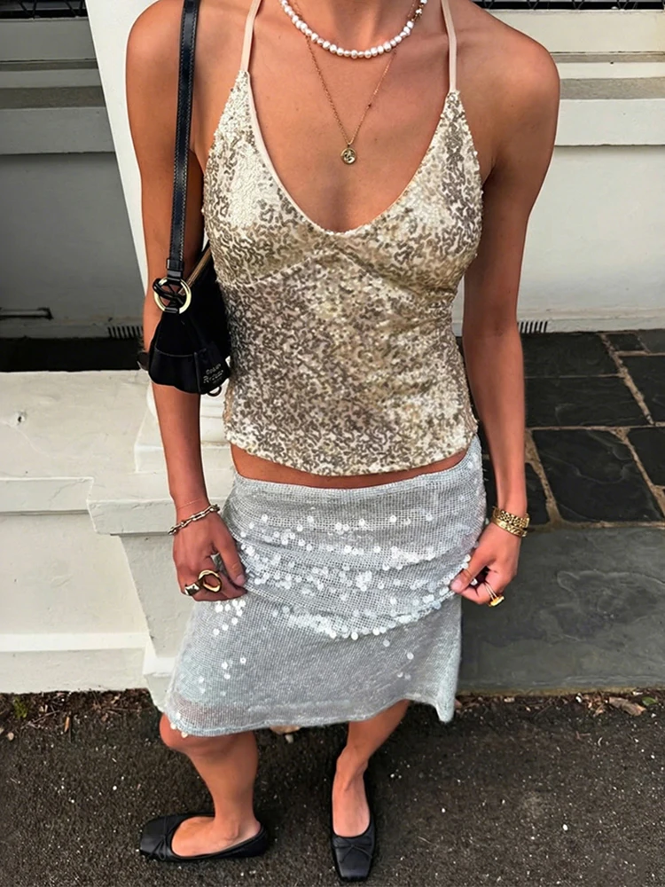 

Сексуальный блестящий топ-камизоль с открытой спиной и шнуровкой, с глубоким вырезом, тонкий, эластичный, в уличном стиле