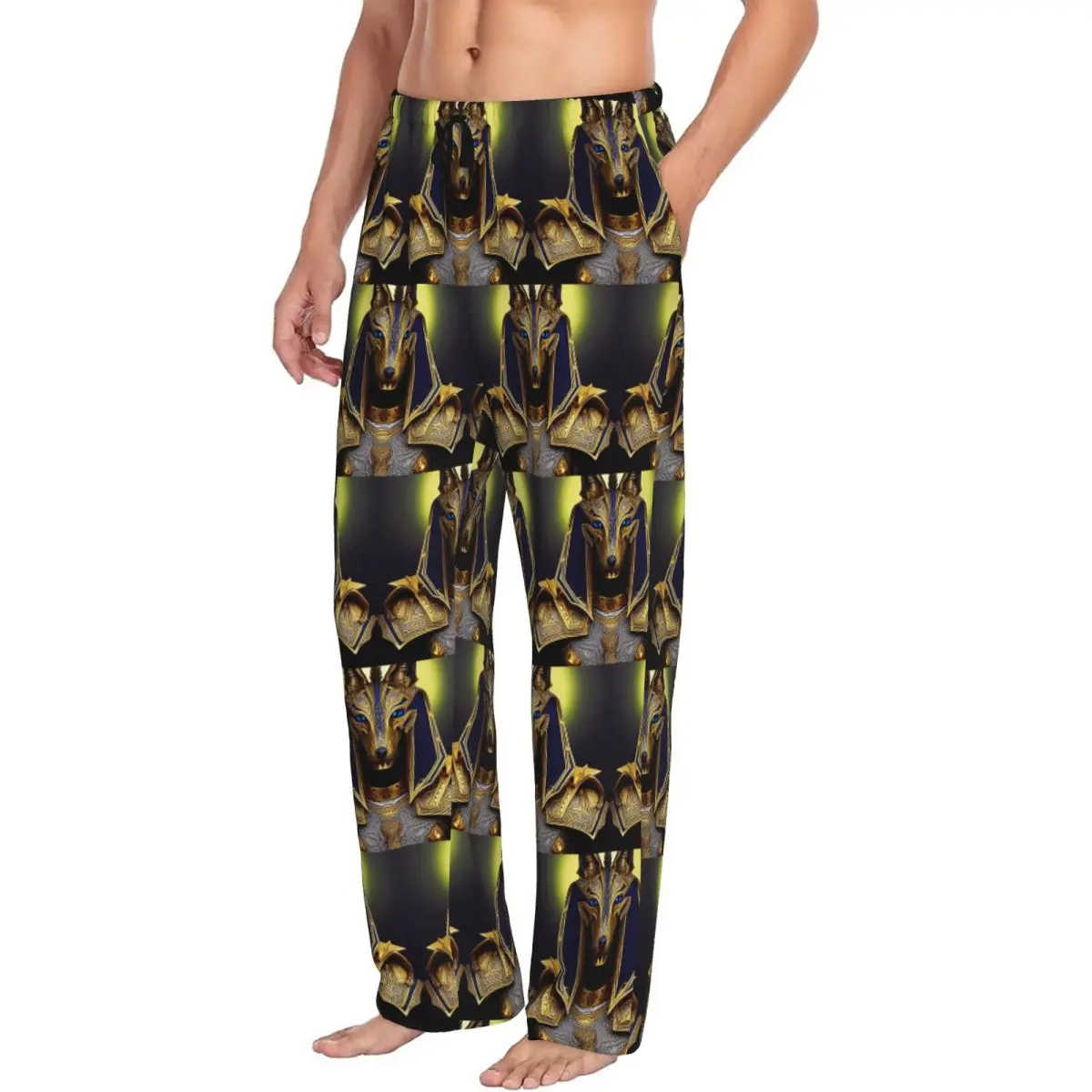 Custom Egyptian God Anubis Art Men Pajama Pants Lounge Sleep Sleepwear Bottoms with Pockets