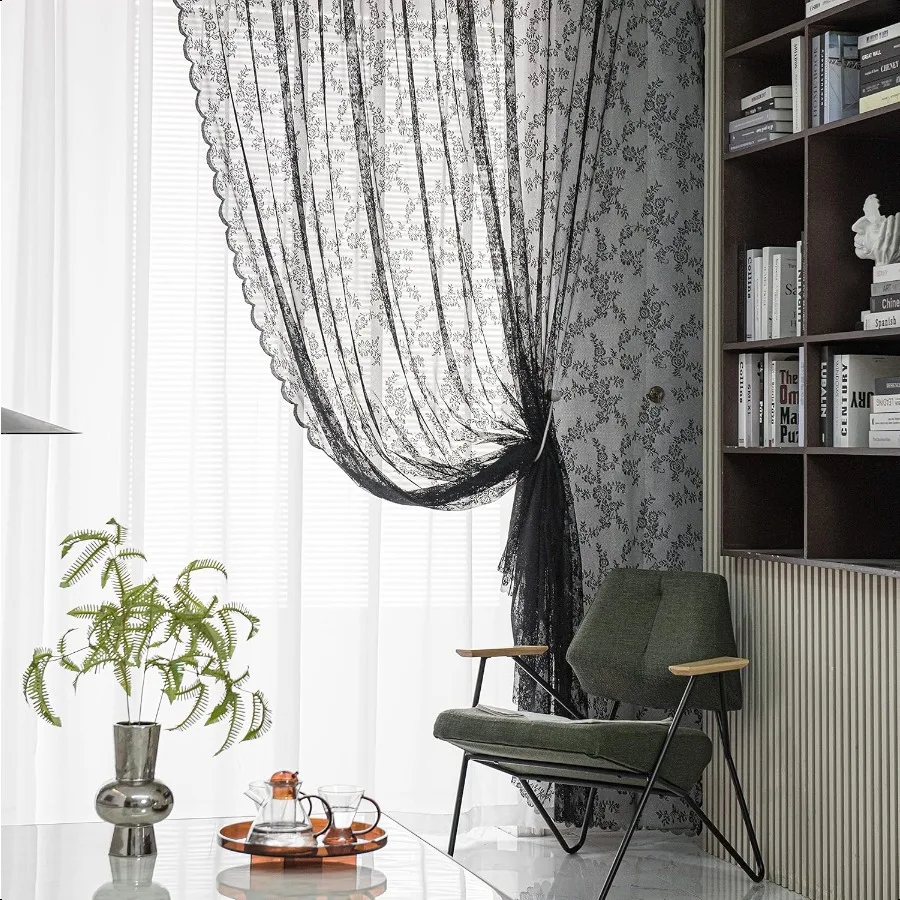 Rideaux en dentelle noire, 84 pouces de Long, ensemble de 2 panneaux transparents, gothique, rétro, fleurs, Voile, traitement de fenêtre, pour chambre à coucher, salon