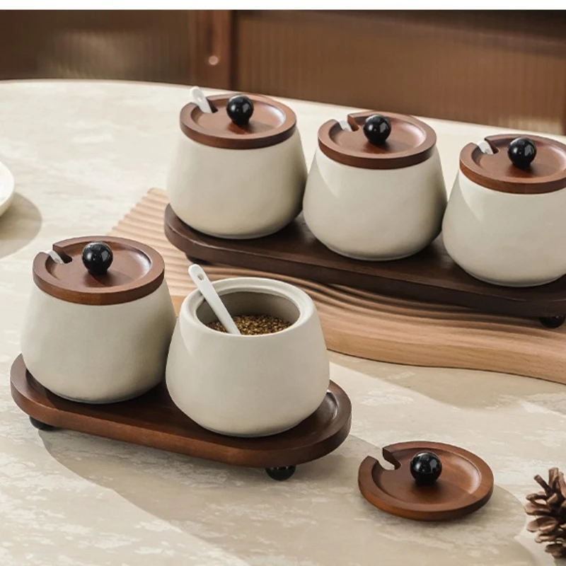 

Japanese Style Household Seasoning Jar with Lid Spoon and Tray Kitchen Seasoning Salt Pepper and Sugar Container