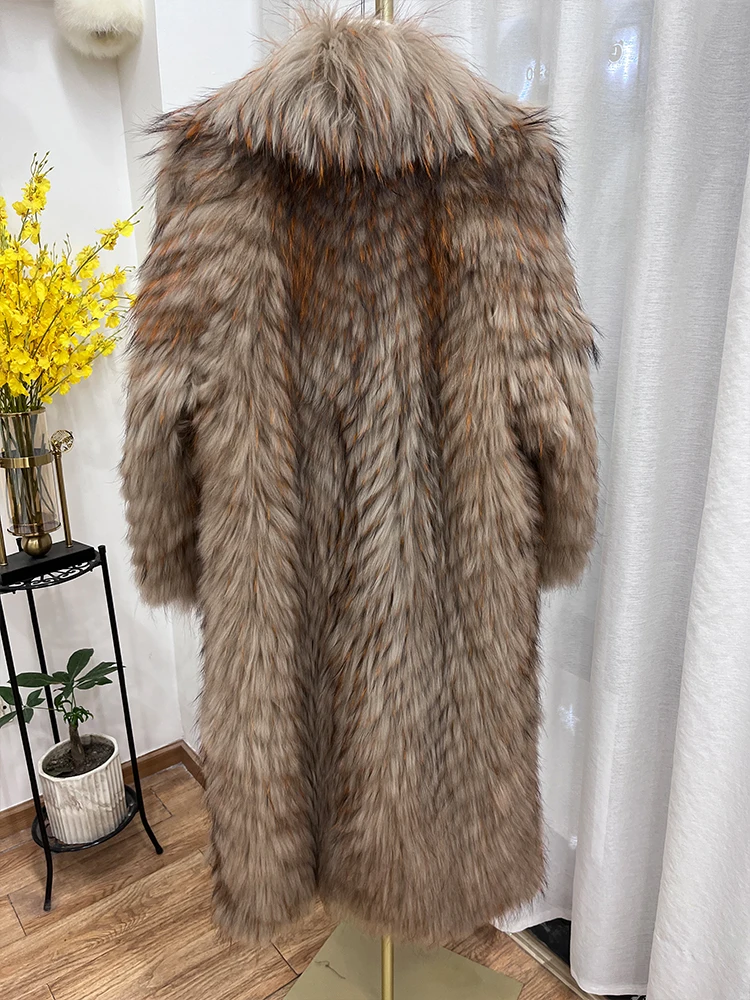 Winter New Women\'s Natural Raccoon Fur Jacket Fox Fur Coat Fur Strip Sewed Toghter Long Style Warm Thick Jacket Warm Thick