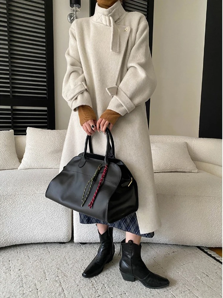 FANAN-abrigos elegantes de lana 100% para mujer, cuello levantado, cinturón, cintura recogida, prendas de vestir largas gruesas y cálidas, moda de invierno 2025