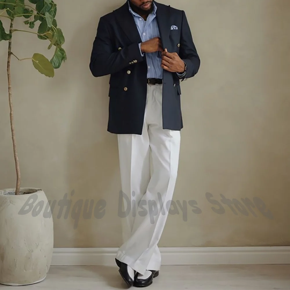 

Unique Design Men Suit Contrast Color Navy Blue Double Breasted Blazer White Pants 2 Piece Outfit Smart Casual Formal Outfit