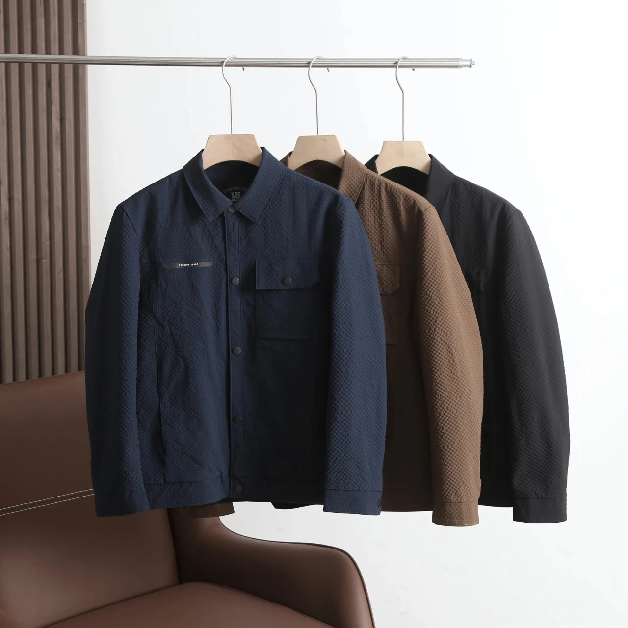 

Осенняя универсальная куртка из ткани с текстурой «пузырьки», с 3D-печатью на воротнике, молодежная верхняя одежда, длинный рукав, на одной пуговице