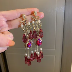 Korean Luxury Baroque Crystal Drop Earrings for Women Elegant  Water drop long Pearl Tassel Pendientes Jewelry Brincos