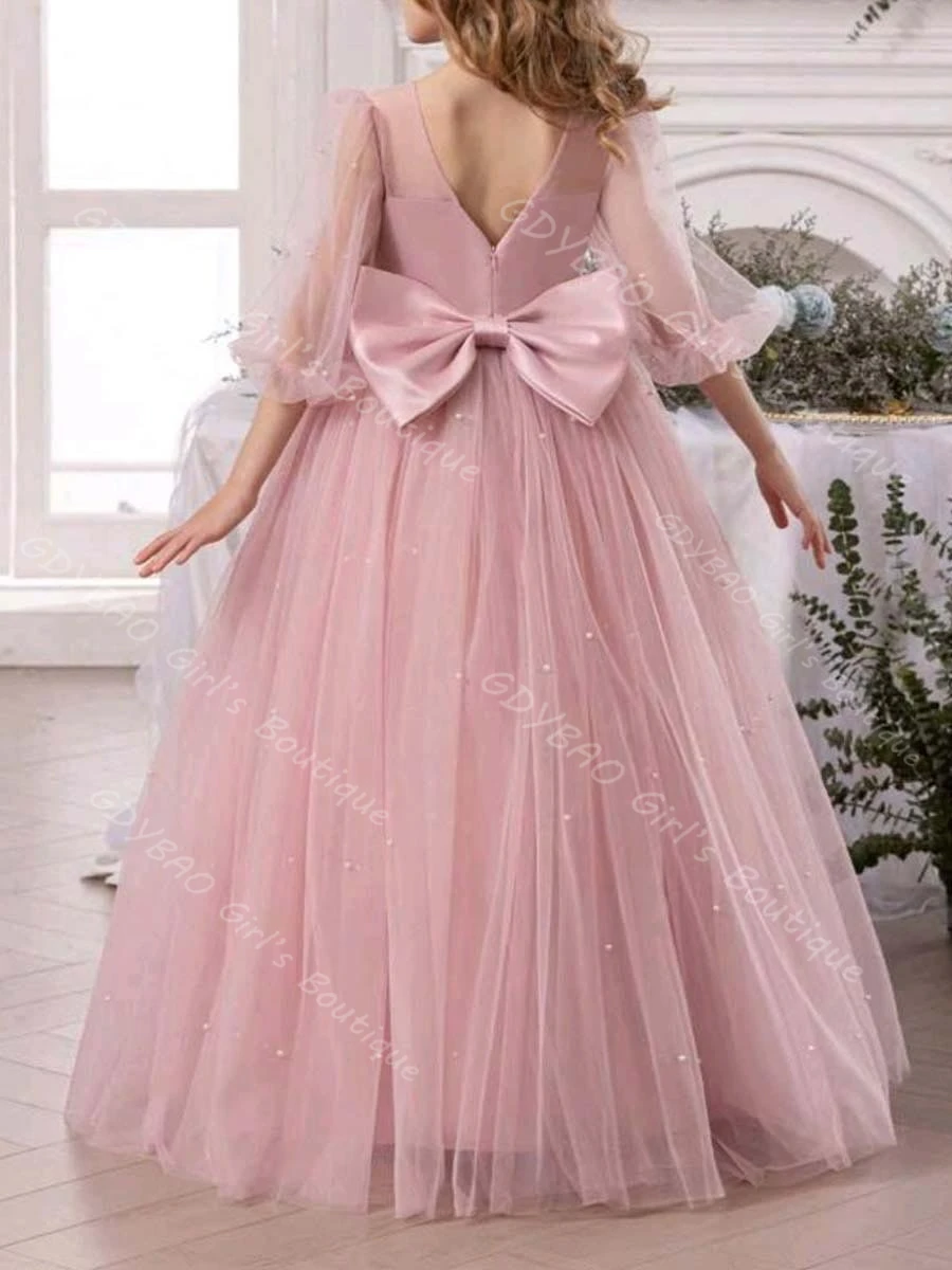 Vestido de niña de flores de color marfil para boda, vestido de primera comunión con manga de globo y cuello transparente con perlas, vestido de fiesta personalizado