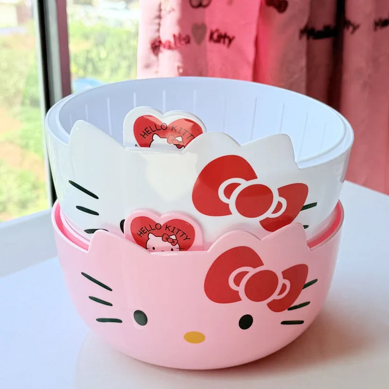 Cesta de Drenaje de Doble Capa Resistente Hello Kitty, Frutero Multifuncional para Cocina, Elegante Plato para Dulces para Uso Doméstico