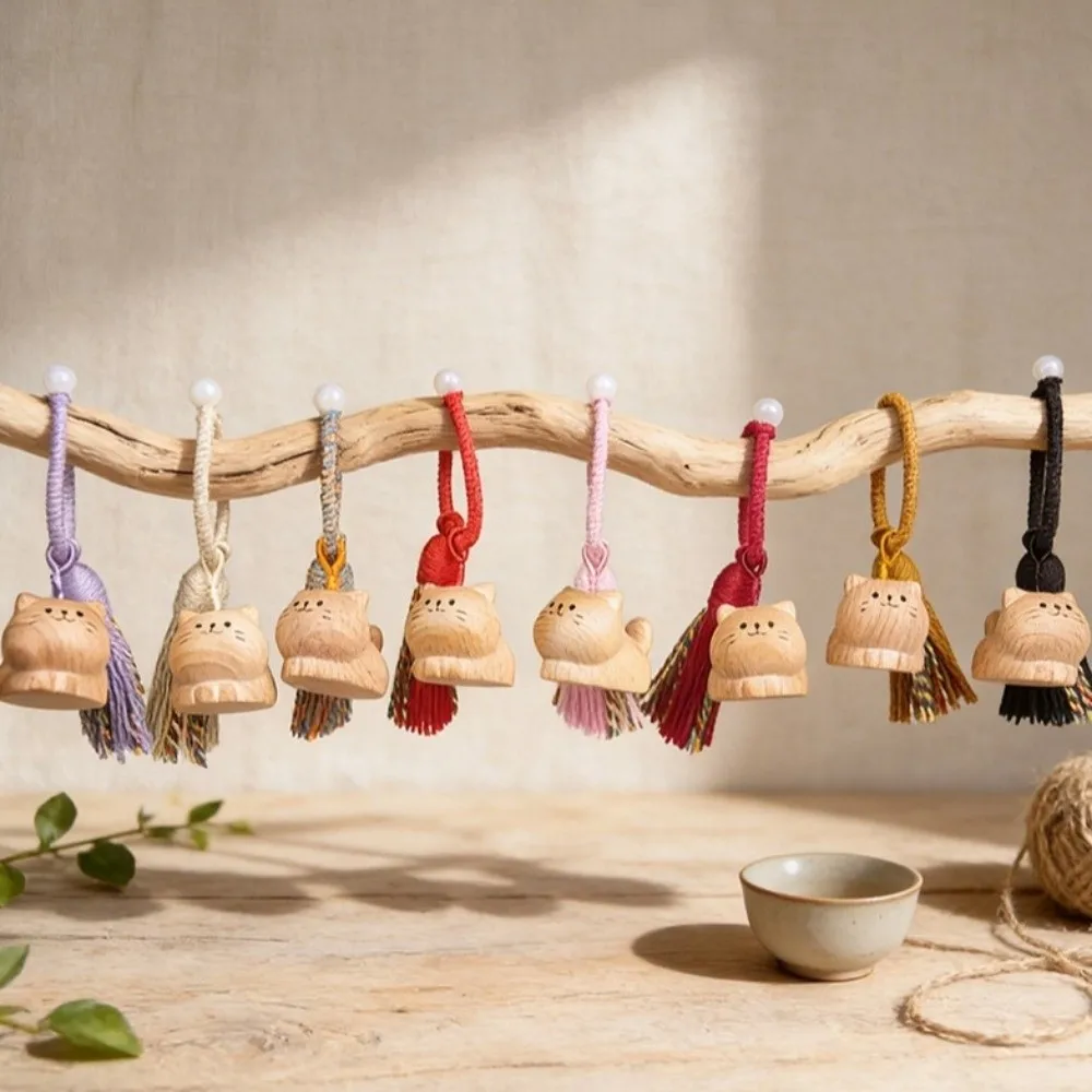 Handcrafted Wooden Cat Pendant Keychain Tassel Detail Hand Carved Money Catching Cat Pendant Art Bag Pendant Charm