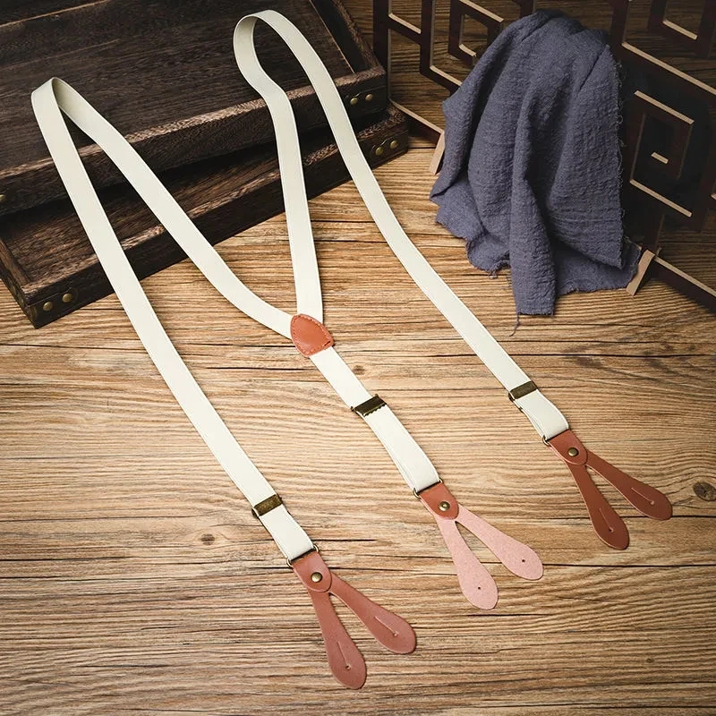 Heavy Duty Suspender for Men Pants Beige Buttoned Elastic Straps Non-slip 2*120cm Braided Leisure for Wedding Trousers Braces