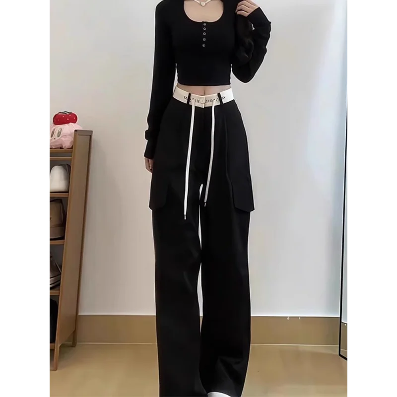 Calças cargo pretas femininas cintura alta solta ajuste emagrecimento calças largas