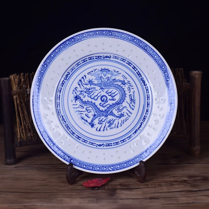 Chinese Flat Plate Blue And White Porcelain Dinner Plates Ceramic Old-fashioned Dragon Plate Tableware Food Tray