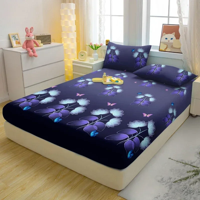 1 Simple Modern Plant Flower Printed Matte Fitted Sheet, Bedroom Printed Bed Cover, Bedding (Excluding Pillowcases)