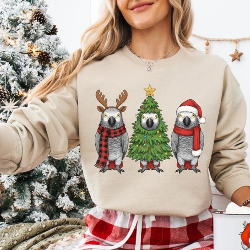 เสื้อฮู้ดลายนกแก้วแอฟริกันเกรย์ สำหรับฤดูใบไม้ร่วงและฤดูหนาว ลายซานต้า ของขวัญคริสต์มาสสำหรับผู้ใหญ่ แขนยาว ให้ความอบอุ่น เสื้อฮู้ดเข้าชุด