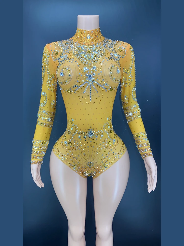 Leotardo transparente de malla de manga larga con diamantes de imitación brillantes, traje de baile Sexy, ropa de escenario de actuación para fiesta