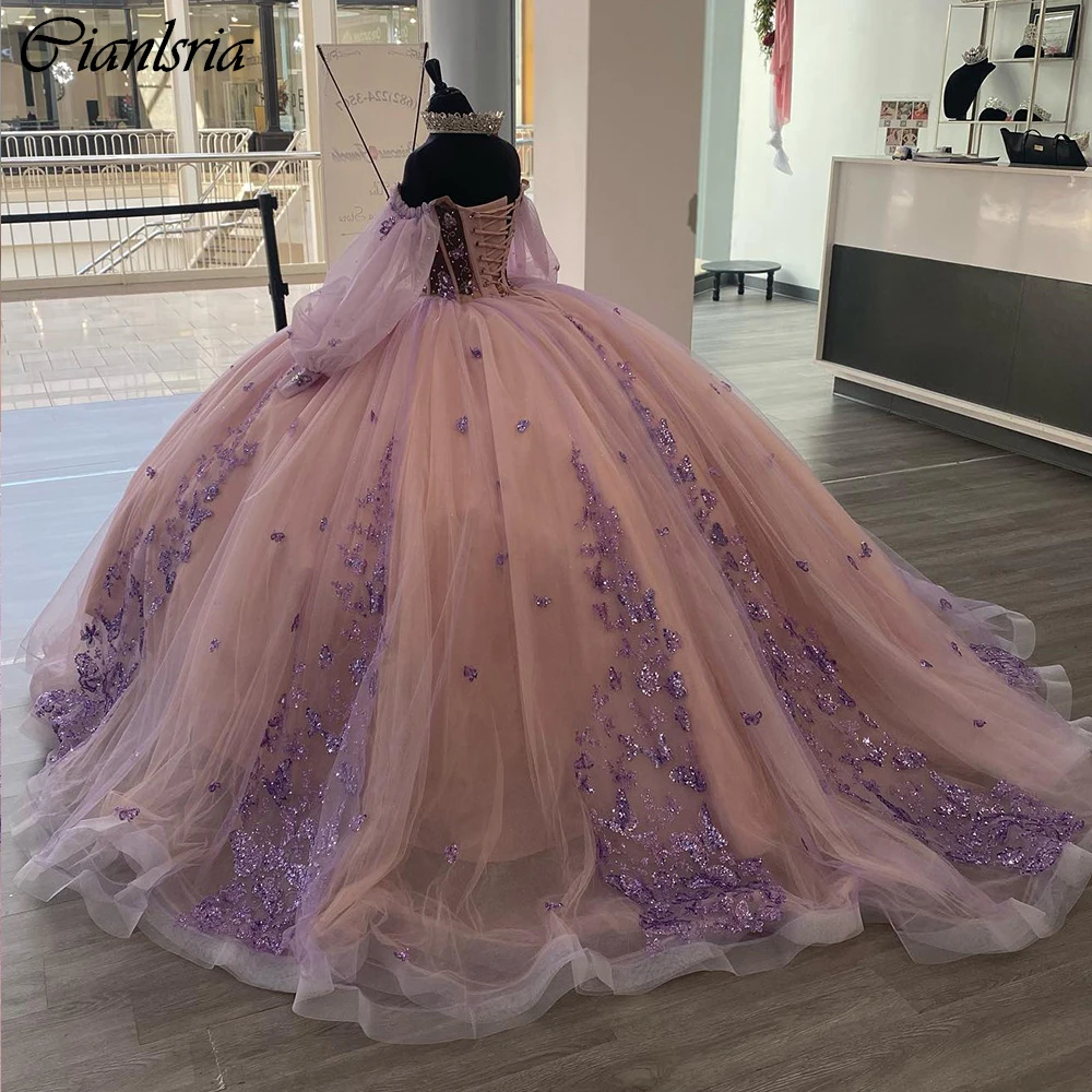 Vestido De baile De princesa con cuentas De mariposa 3D, quinceañera, apliques De lentejuelas, corsé De encaje, 15 Años