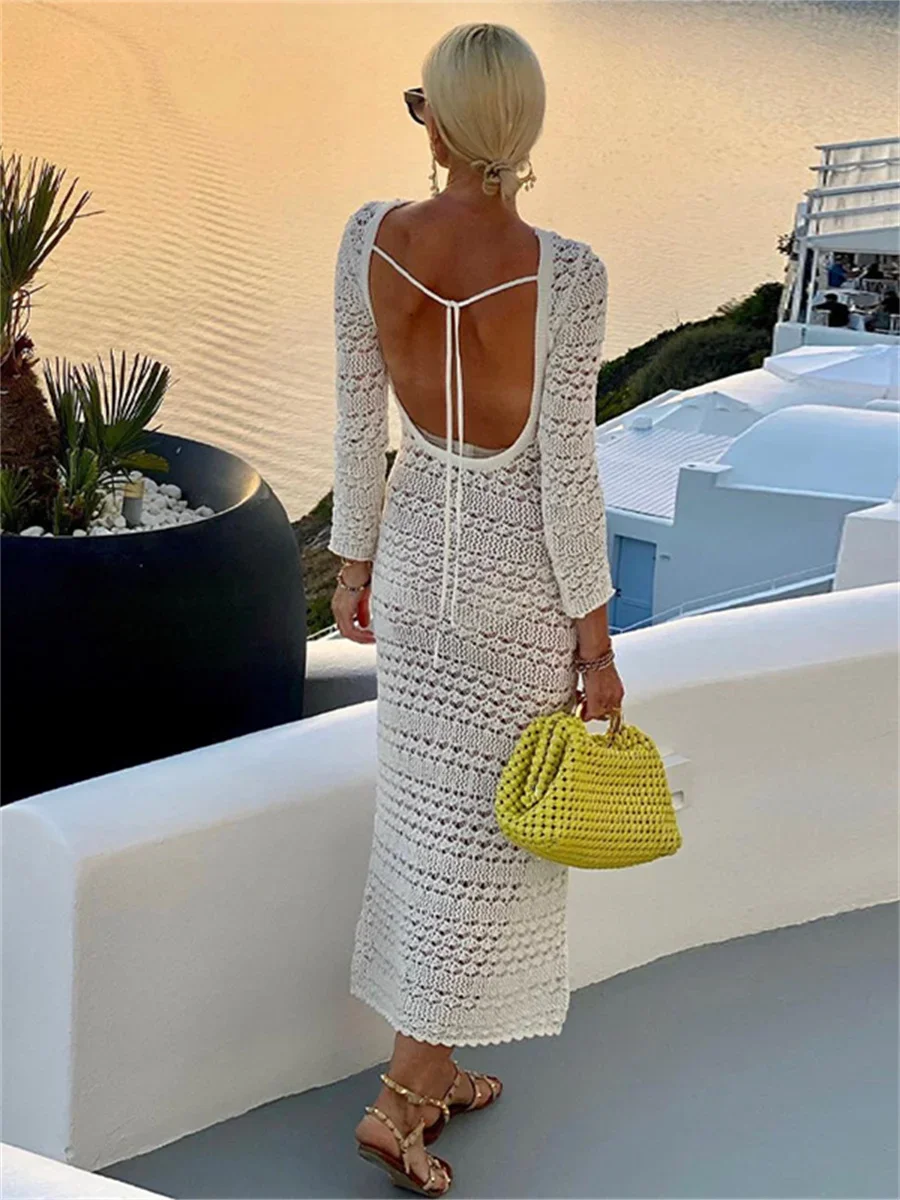 

2024 Backless Tie Up Knit Crochet Beach Long Dress Women Fall Spring Hollow-Out O-Neck Wrap Bodycon Dress Holiday Party Wear