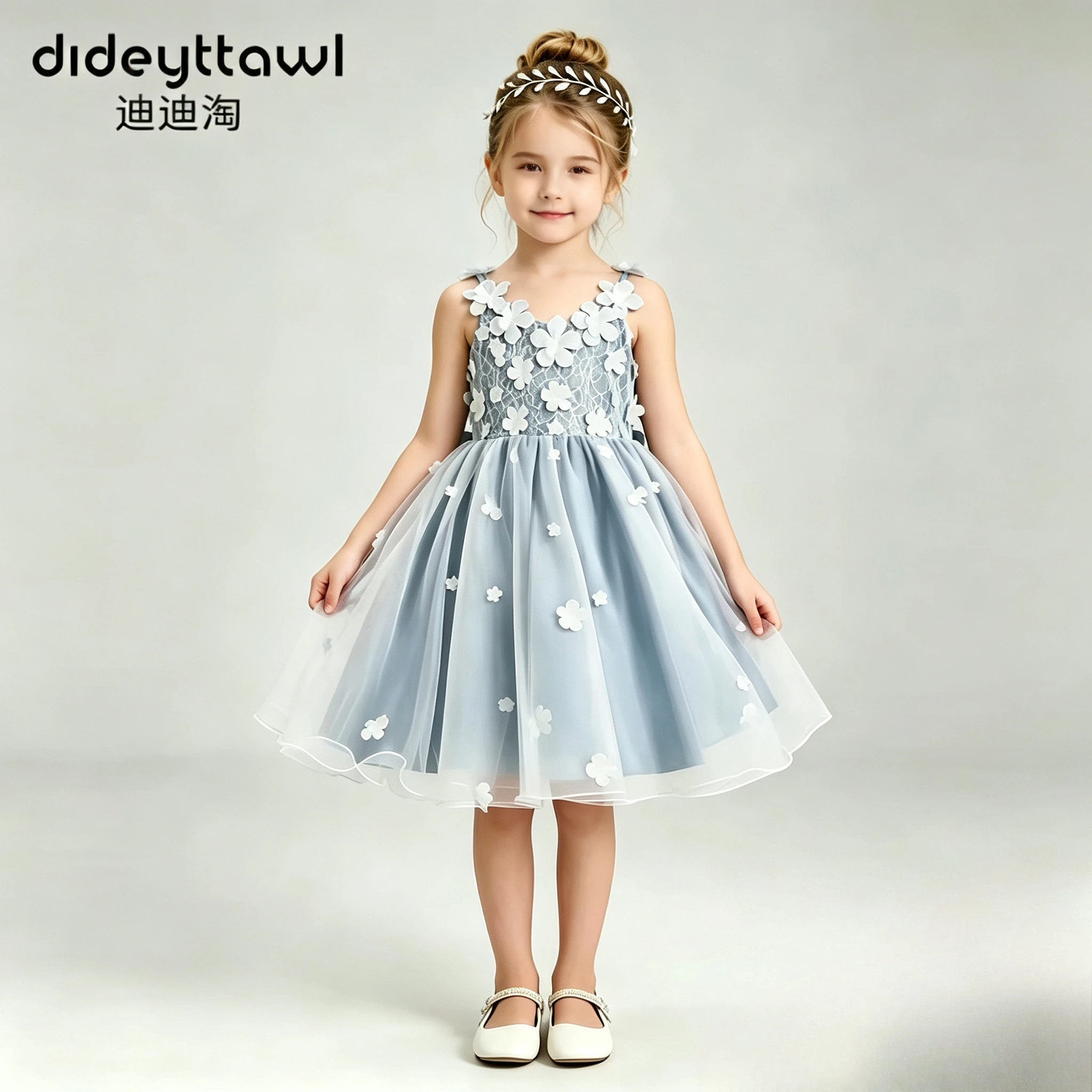 Little Girl Multi Color 3D Flower Tulle Dress Spaghetti Strap Big Bow Back Short Formal Gown Party Bridesmaid Outfit For Holiday