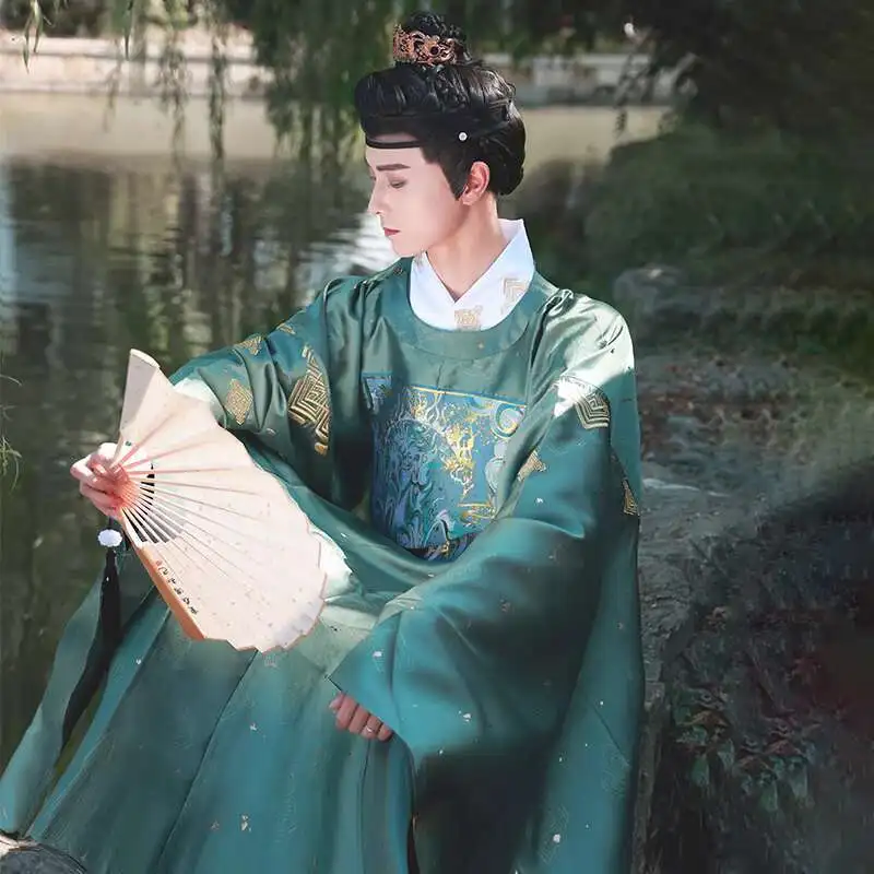 Chaos | Dreamlike Nishang Hanfu Men's Round Neck Robe Dark Pattern Weaving Gold Craftsmanship Blue Medium Long Style Spring And