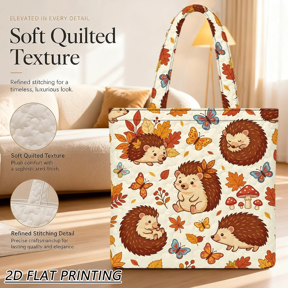 1pc hedgehogs autumn leaves Quilted Women'S Shoulder Bag, Reusable Washable Handbag, Craft For Beach Commuting And