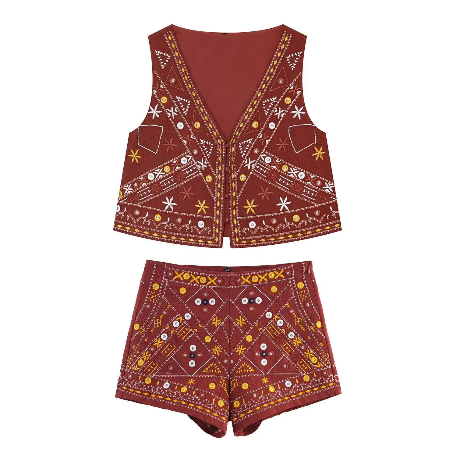 European and American style 2026 summer new product mirror effect decorative embroidered vest + mirror embroidered shorts set