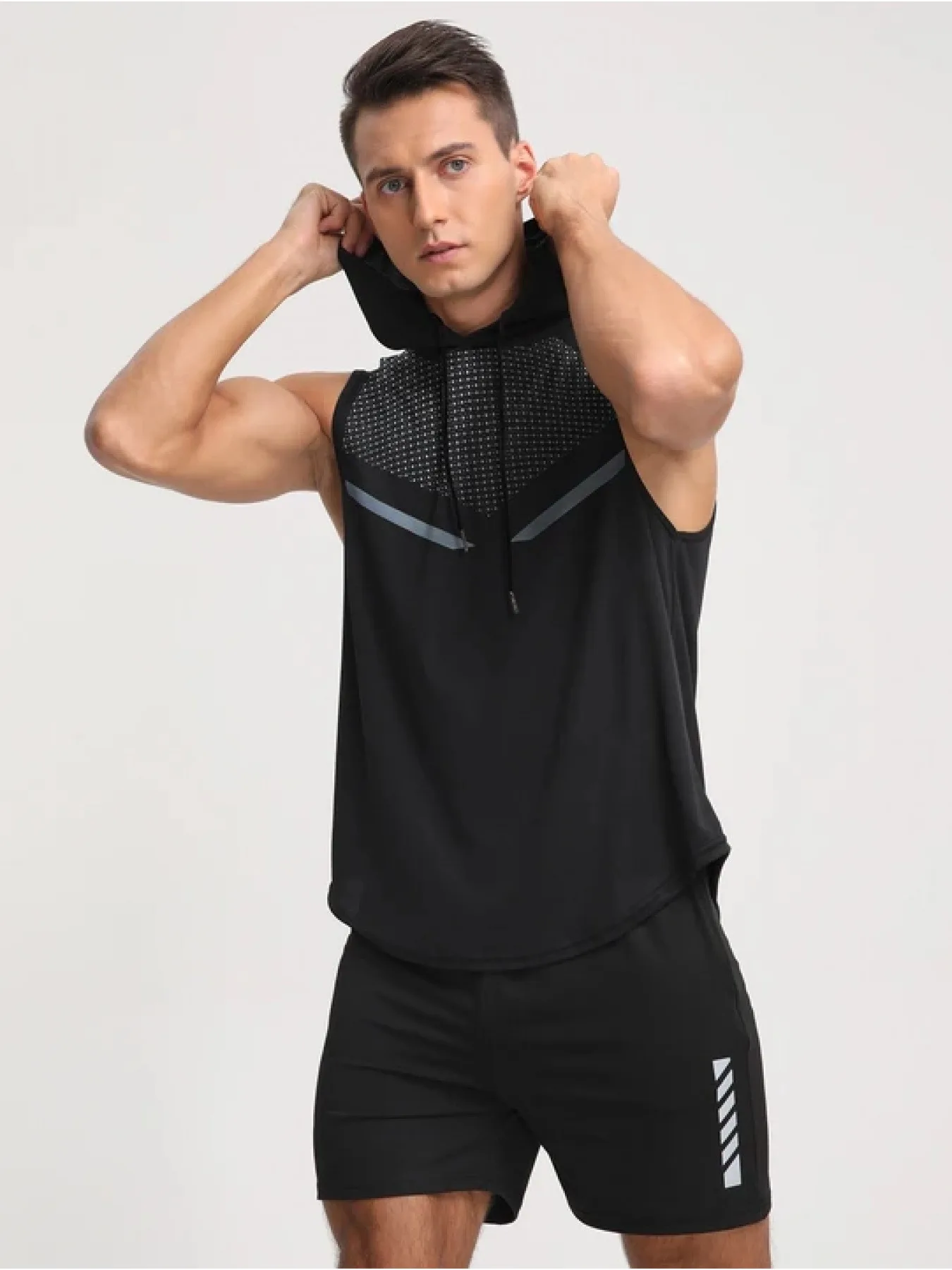 

One piece basketball vest for men's summer mesh hooded sleeveless fitness suit, running sports quick drying vest