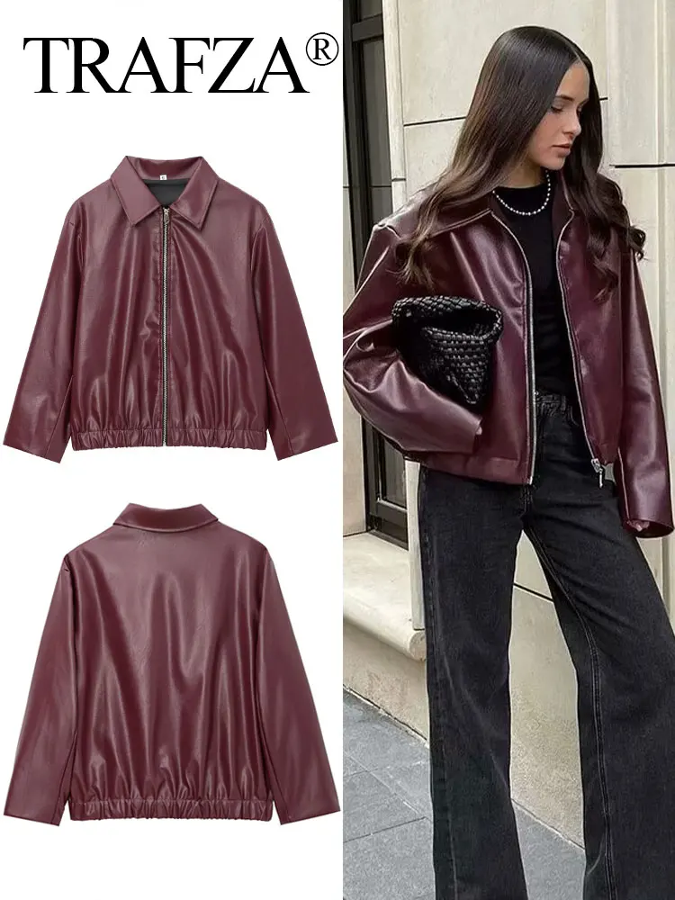 TRAFZA Woman Bomber Jacket Burgundy Lapel Long Sleeves Zipper Fly Skórzane kurtki Płaszcz Damski Streetwear Damski płaszcz wierzchni Top