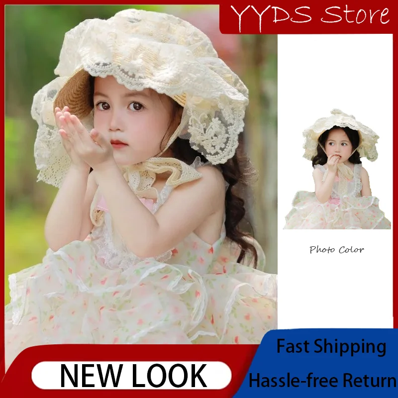 Kids Spring Summer Lolita Straw Hat Mori Princess Style Lace Daisy Rose Decor Sun Hat For Travel Party Matching Outfits