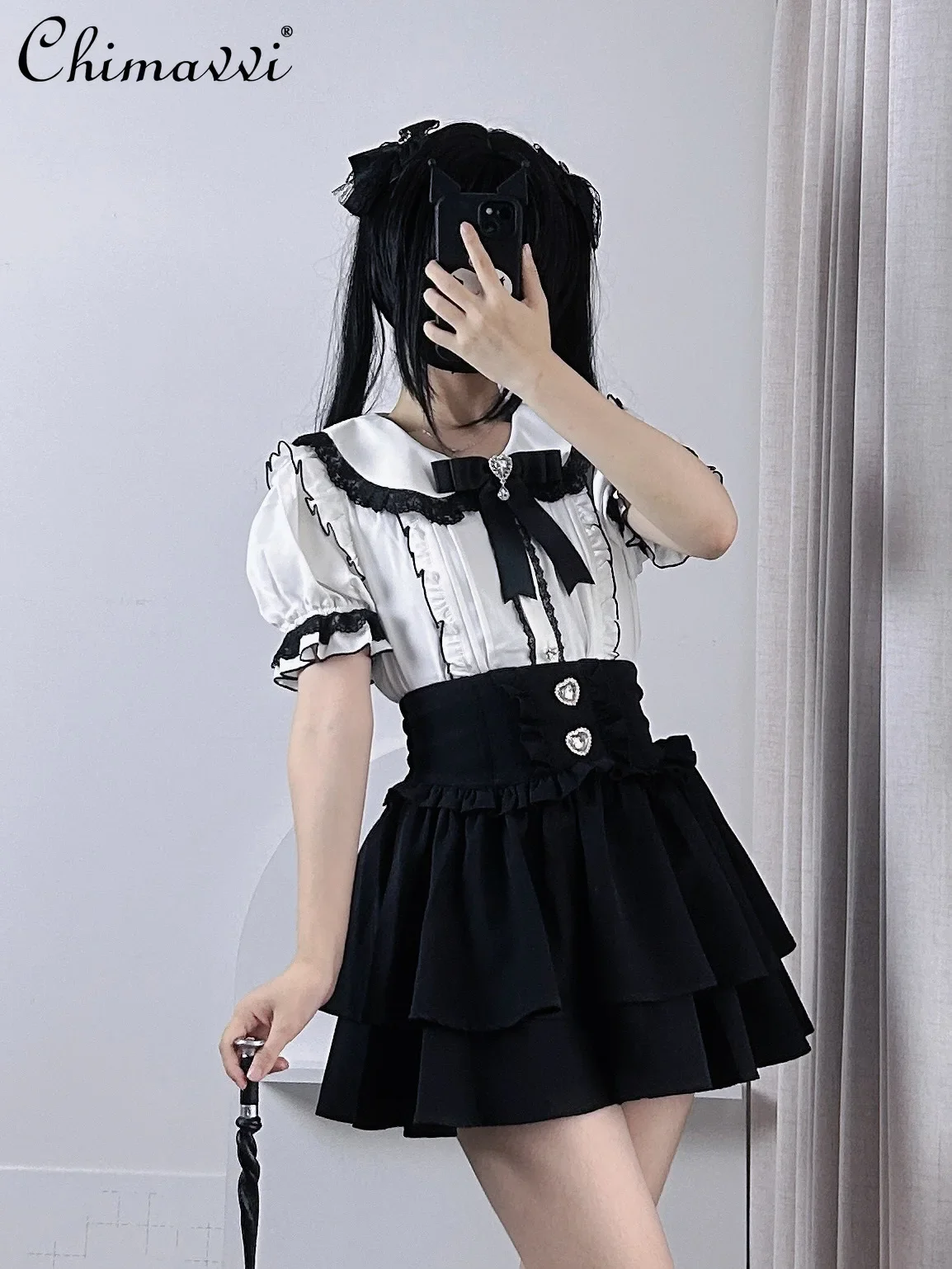 

Lolita Style Love Gem Short Sleeve Crew Neck Shirt Women Japanese Mine Mass Production Flying Sleeve Sweet Girls Blouse Tops