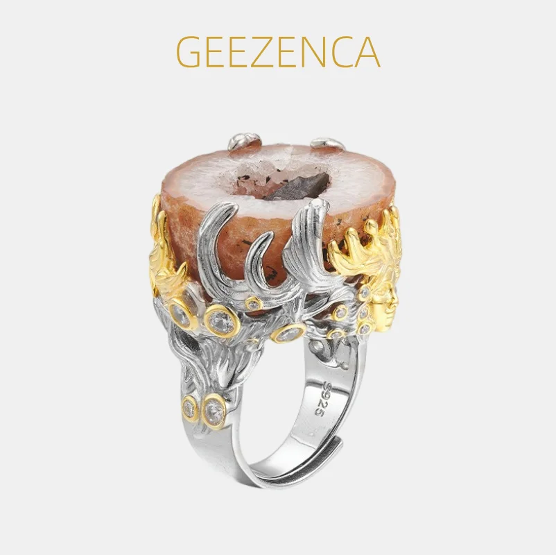 GEEZENCA Natural Raw Crystal 925 Silver Two Tone Plated Cocktail Ring For Women Monster Unique Exaggerated Chic Rings Party Gift