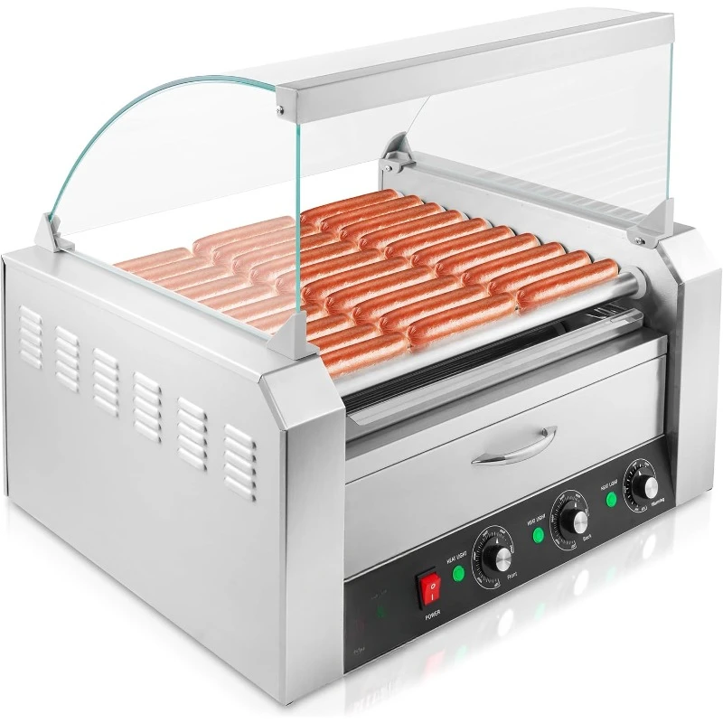 Electric 30 Hot Dog 11 Roller Grill Cooker Machine with Bun Warming Drawer and Cover - Commercial Grade, Stainless Steel