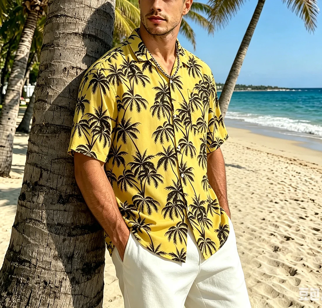 2026Men's Hawaiian Shirt Summer Short Sleeve Button Up Shirt Vintage Wave Print Casual Loose Blouse for Beach Vacation Holiday