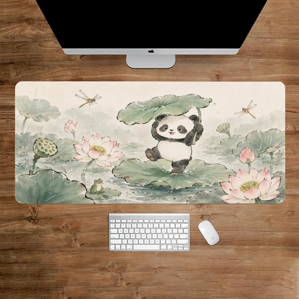 Lotus Pond Panda Large Gaming Mouse Pad Stitched Edge Rubber Base Keyboard Mat Office Desk Protector Pc Accessories Desk Mat