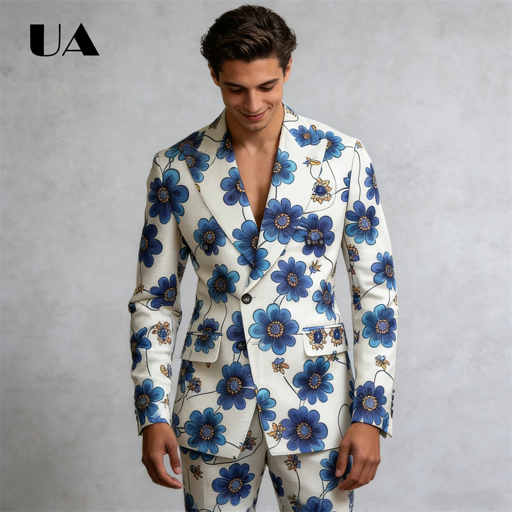 Floral Digital Printed Men's Suit Set Jacket Pants Side Buttons Party Prom Suit Attire Fashionable Wedding Guest Costume