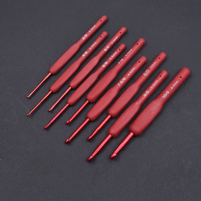 1/9PCS Red Hooks Ergonomic Crochet Hook Set Soft Touch Aluminum Crochet Needle 2.0-6.0mm Crochet Kit