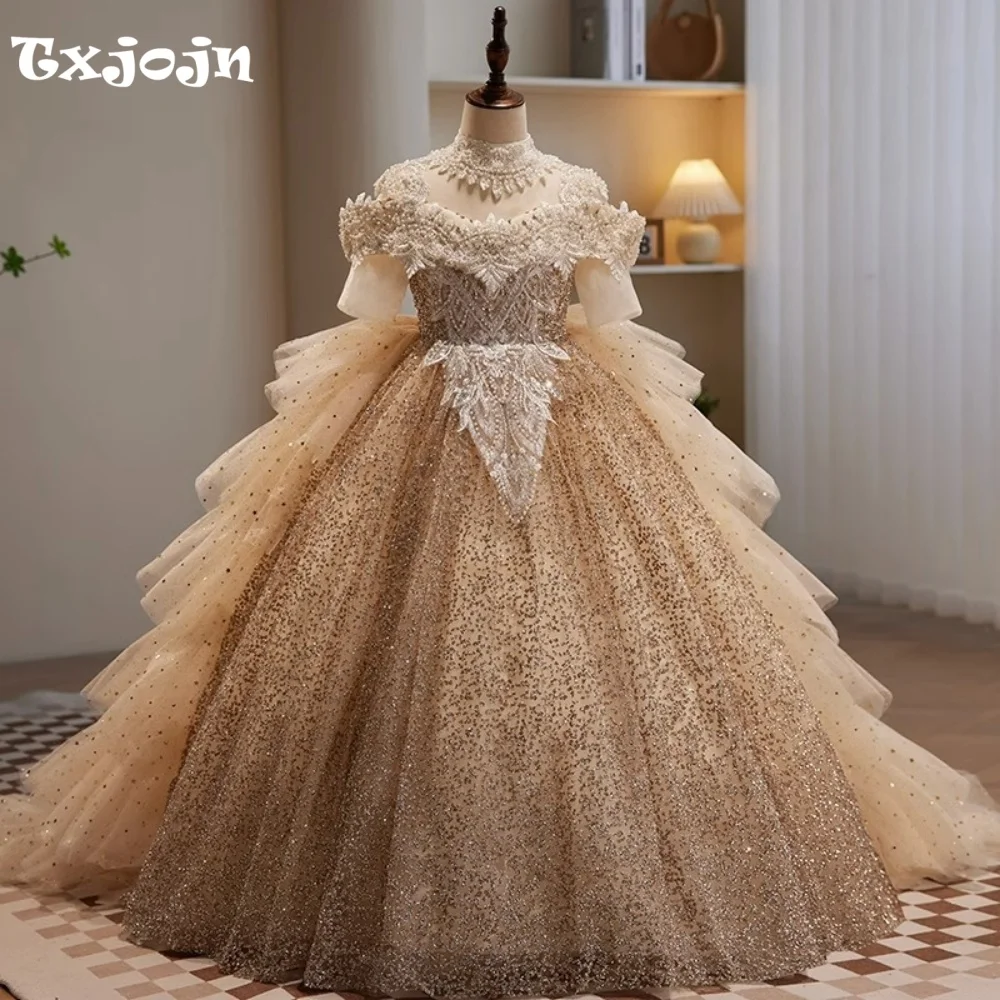 High-end Girl's Ball Gown Luxury Beading Wedding Flower Girl Princess Dress Toddler Teens Child Vestido Birthday Clothes 4-16Y