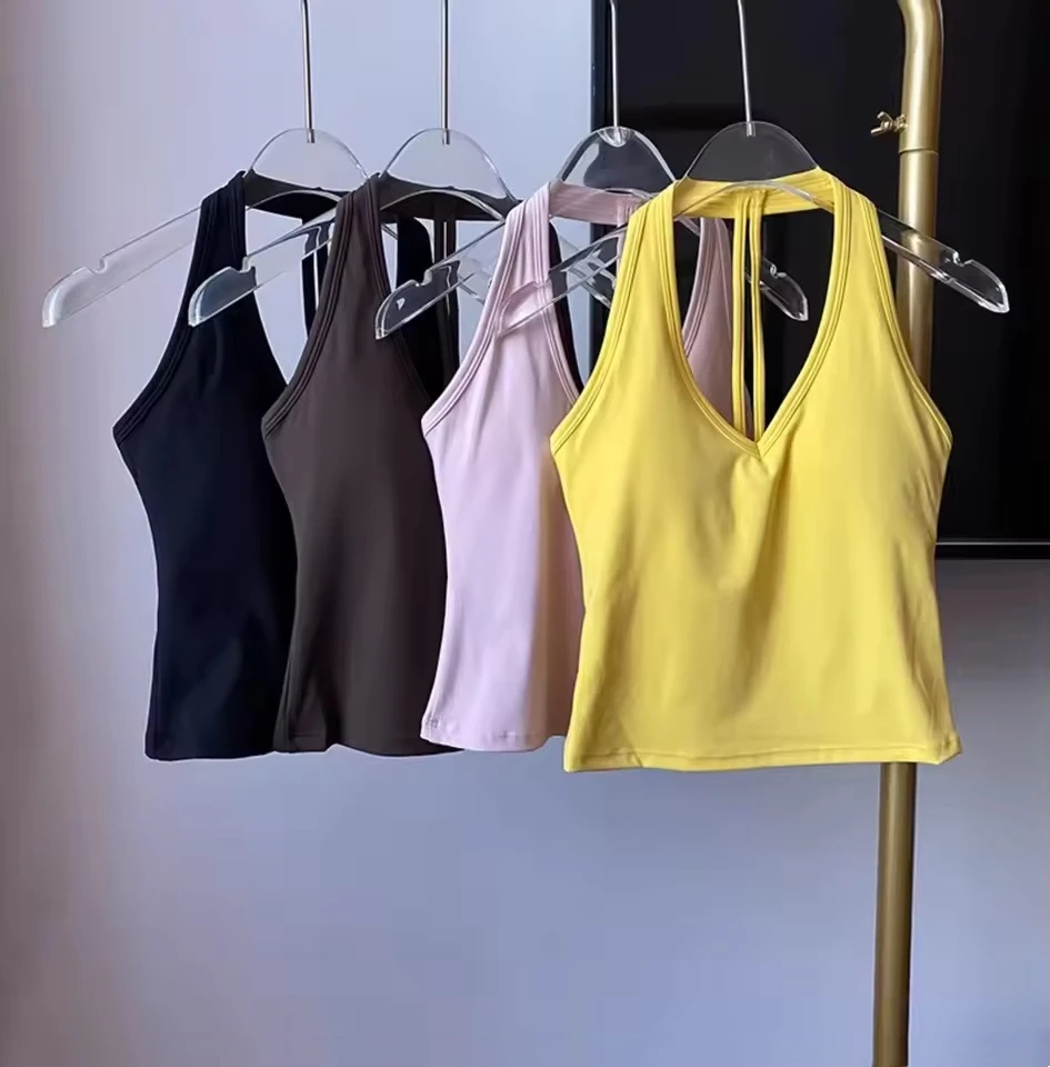 Women's Sexy V-Neck Fitness Bra Nude Sports Bra Hanging Neck Yoga Suit Vest Comfortable Breathable Gym Top for Active Wear