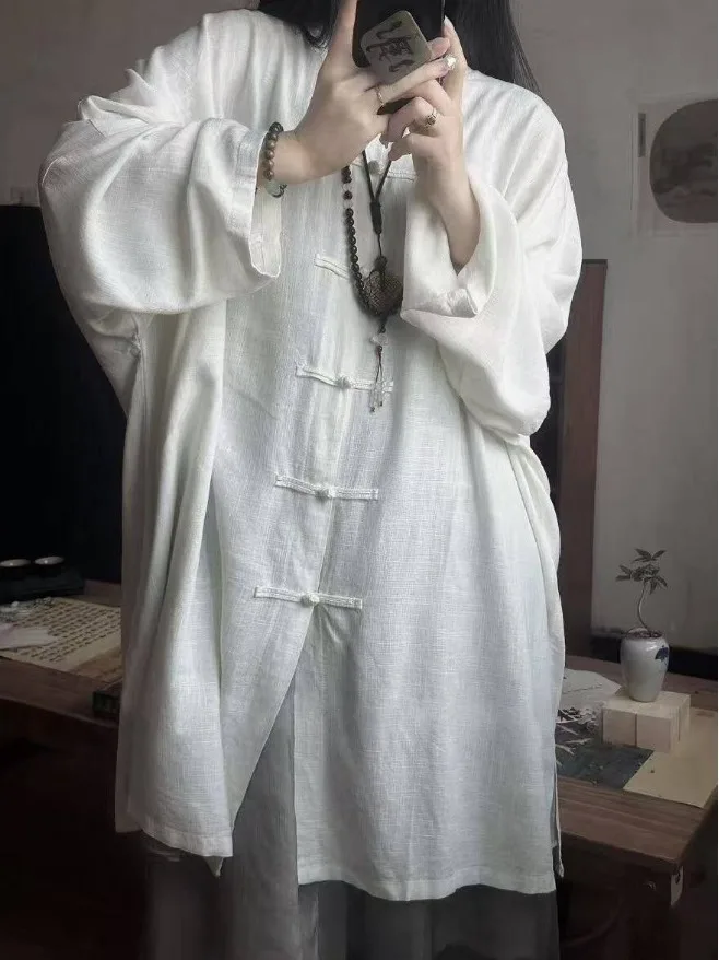 

New Spring Vintage Pure Color Chinese Style Buttoned Cotton Linen Open Cardigan Jacket Women's Regular Fit Long Sleeve Shirt