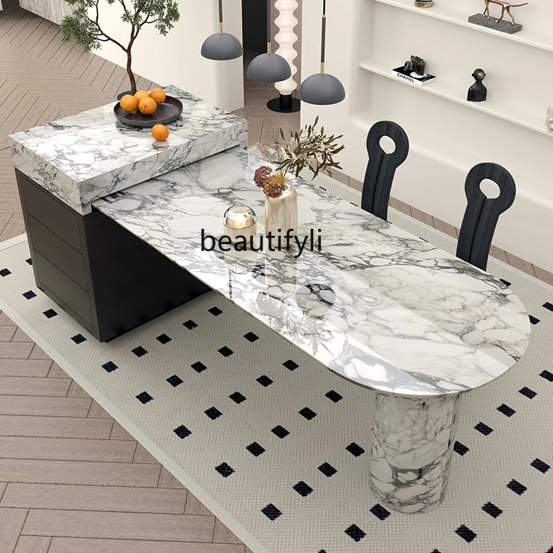 

Marble telescopic island dining table integrated solid wood high-end wall household American dining table