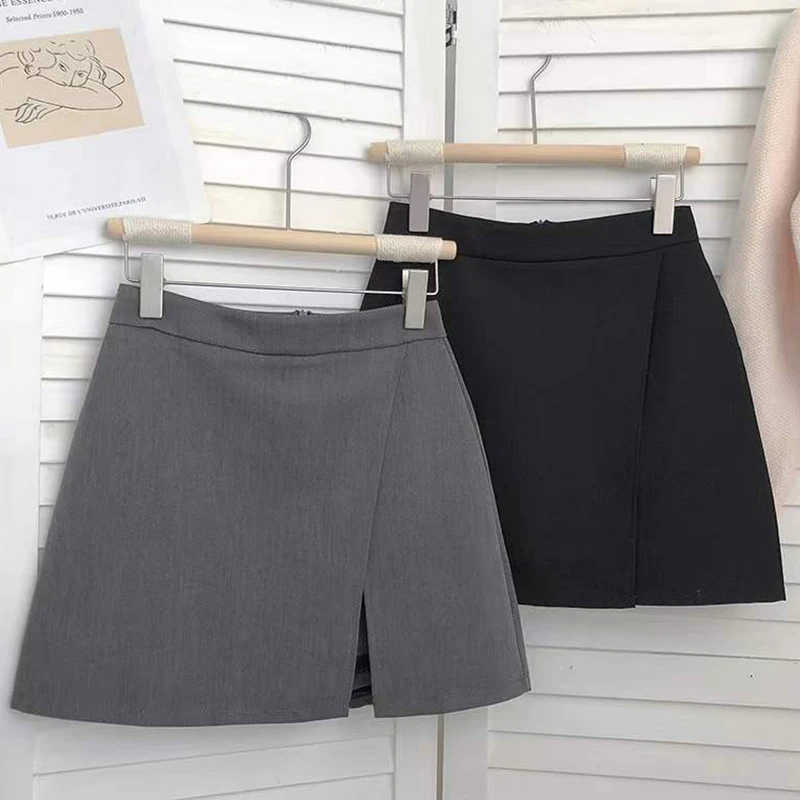 Gonne a trapezio nere e grigie da donna, stile coreano, con spacco frontale, vita alta, mini gonne, streetwear, gonne corte da ballo per donna