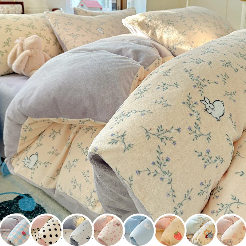 

3/4PCS Coral Fleece Duvet Cover Cat Printed Thick Plush Double Sided Warm Bedding Set for Winter Single Queen Size Bedding Set