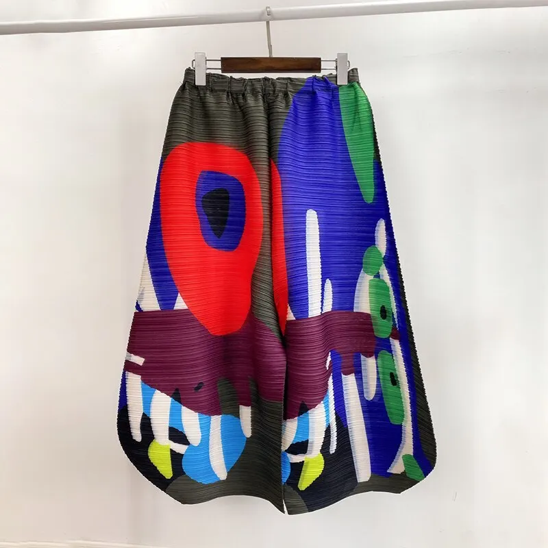 YUDX Miyake plissé jambe large pantalon femme multicolore imprimé élastique taille haute ample grande taille 2025 nouveau automne femmes vêtements
