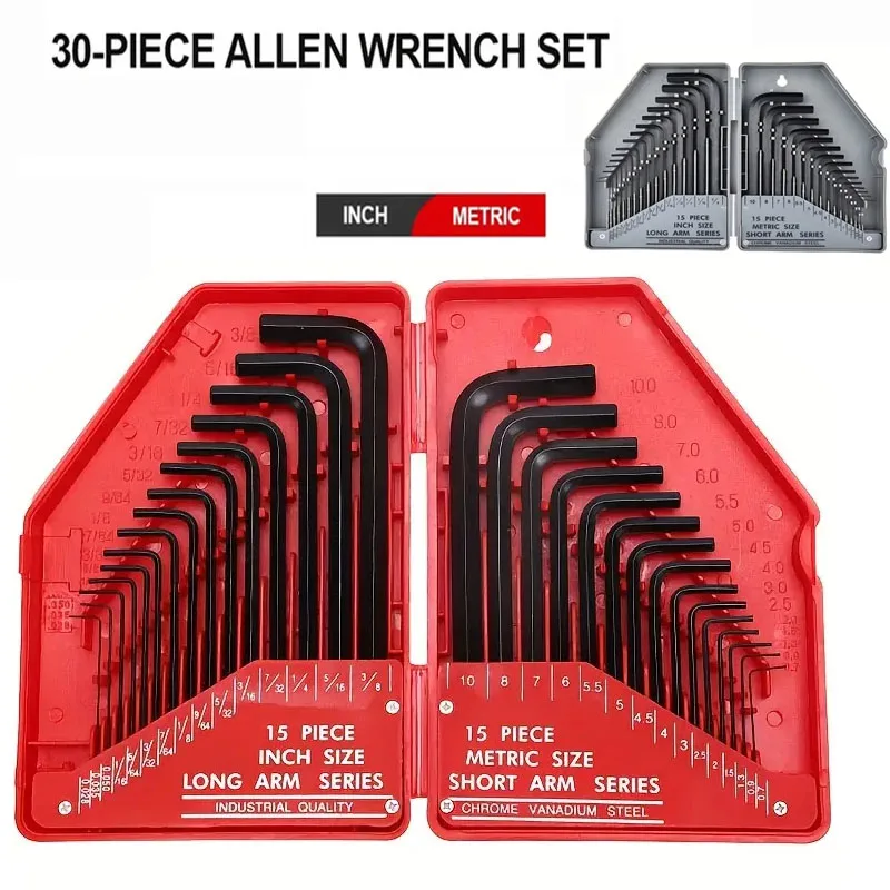 Hexagonal Wrench Tool Grupo Sae e Metric Chaves Allen L-shaped Chrome Vanadium Steel Ferramentas Manuais Mecânicas Kit Chave de Fenda 30 Pcs