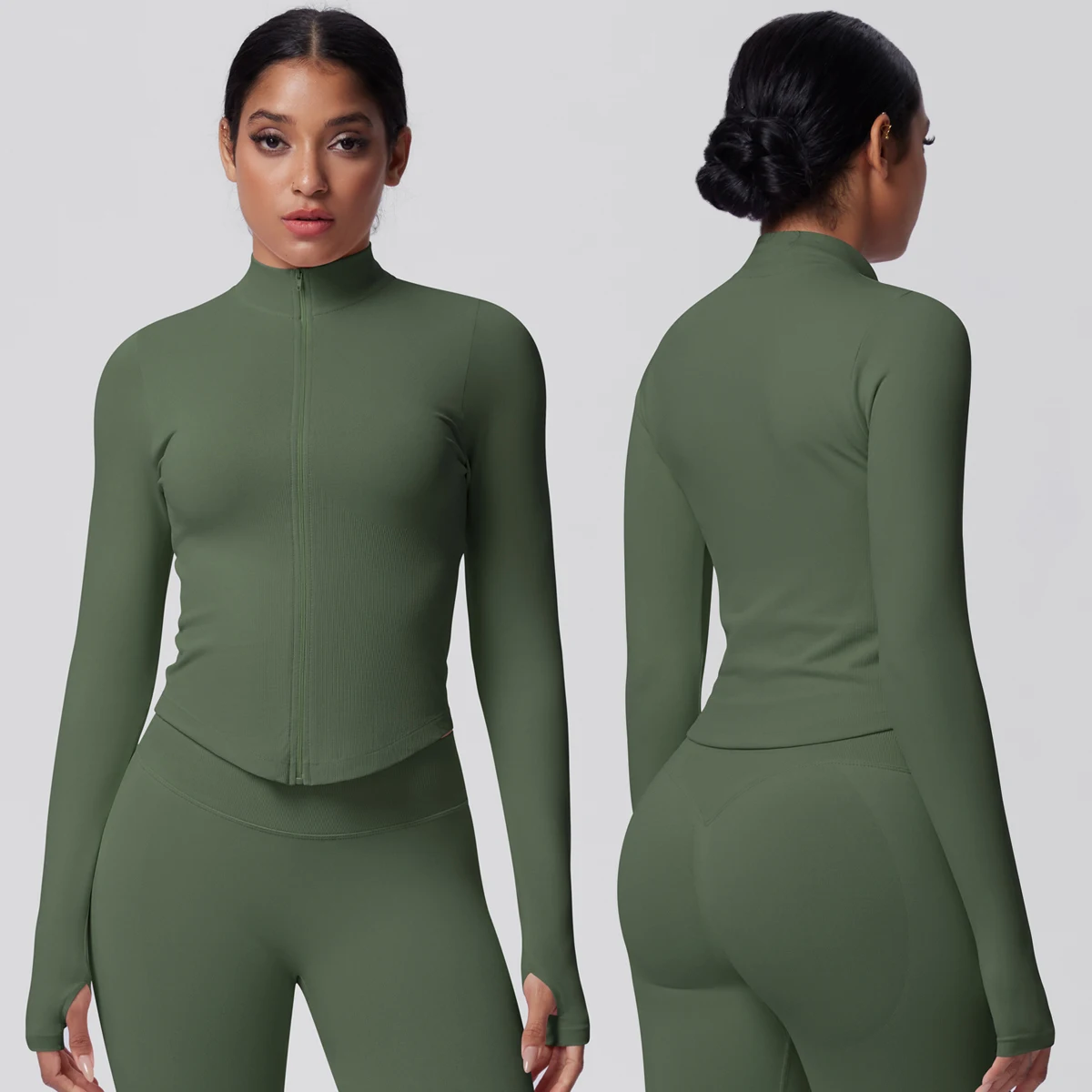 

Quick-Dry Solid Color Yoga Zipper Long Sleeves Running Shirts Workout Top Thumbhole Design Yoga Coat Woman Breathable Sports Top