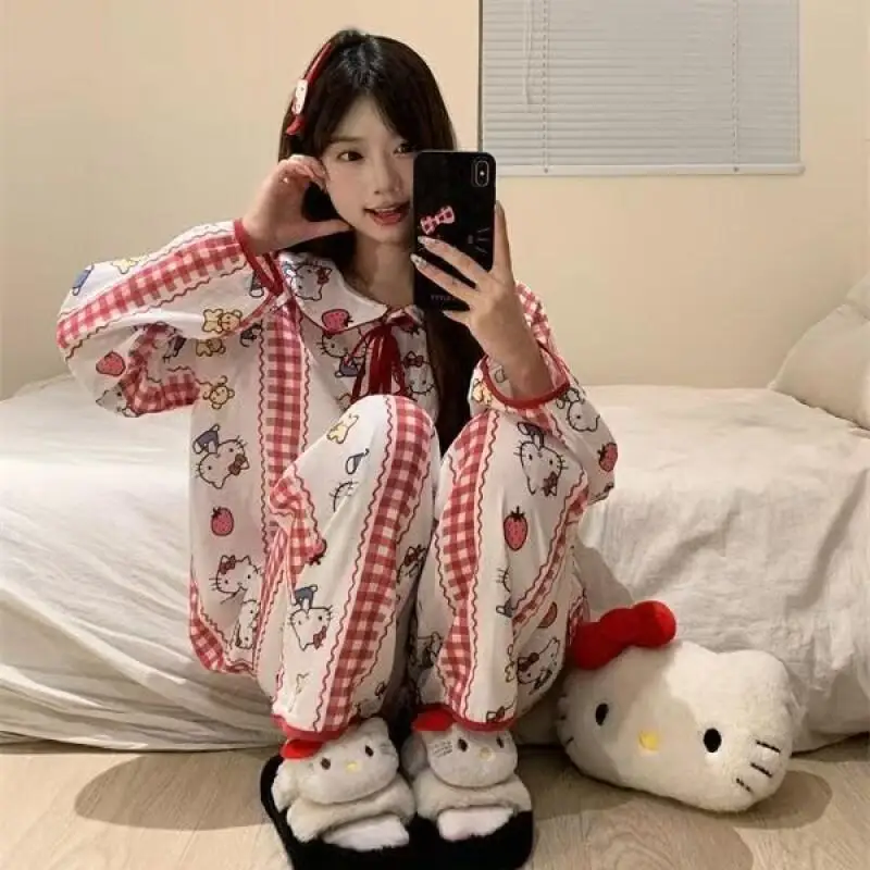 

Sanrio Hello Kitty Two Piece Pajamas Set Long Sleeve Long Pants Cardigan Women Home Outdoor Wear Sweet Spring Autumn Nightwear