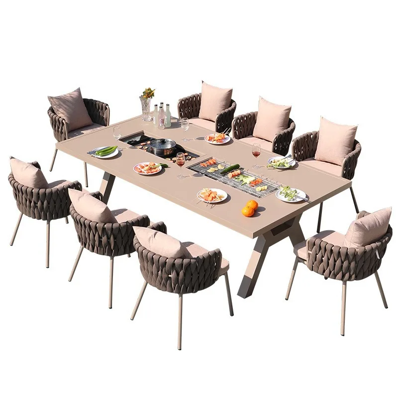 Outdoor PE Rattan BBQ Dining Set Weatherproof Woven Patio Set With Built-in Grill Table