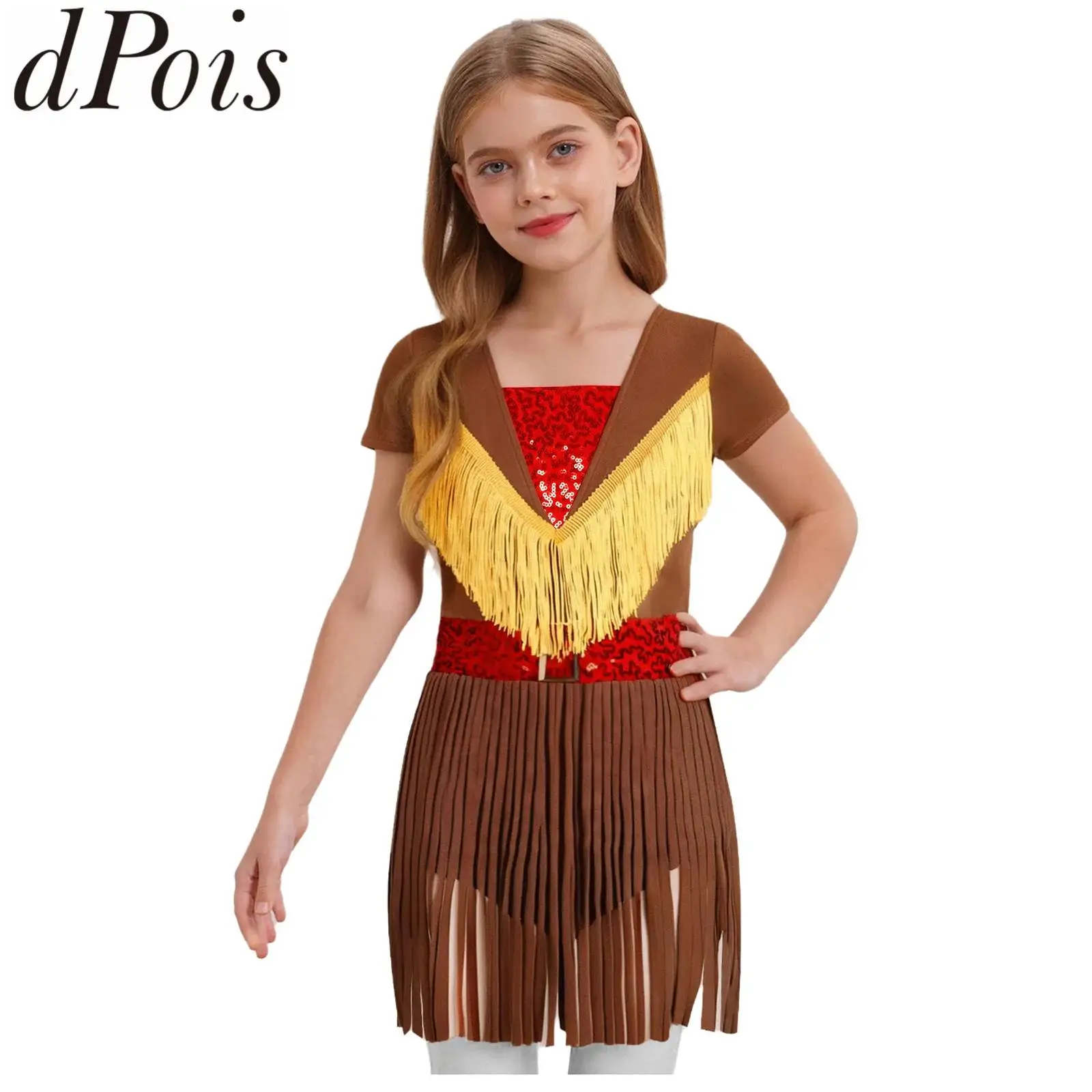 

Kids Girls Western Cowgirl Cosplay Costume Short Sleeve Ballet Leotard Tassel Skirt Performance Dress Sequined Ruffled Dress