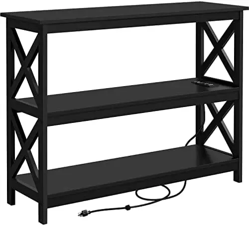 

Console Table with 2 Outlets and 2 USB Ports, 3-Tier Entryway Table with Wood Frame & X-Shaped Design, Sofa Table Narrow Lon