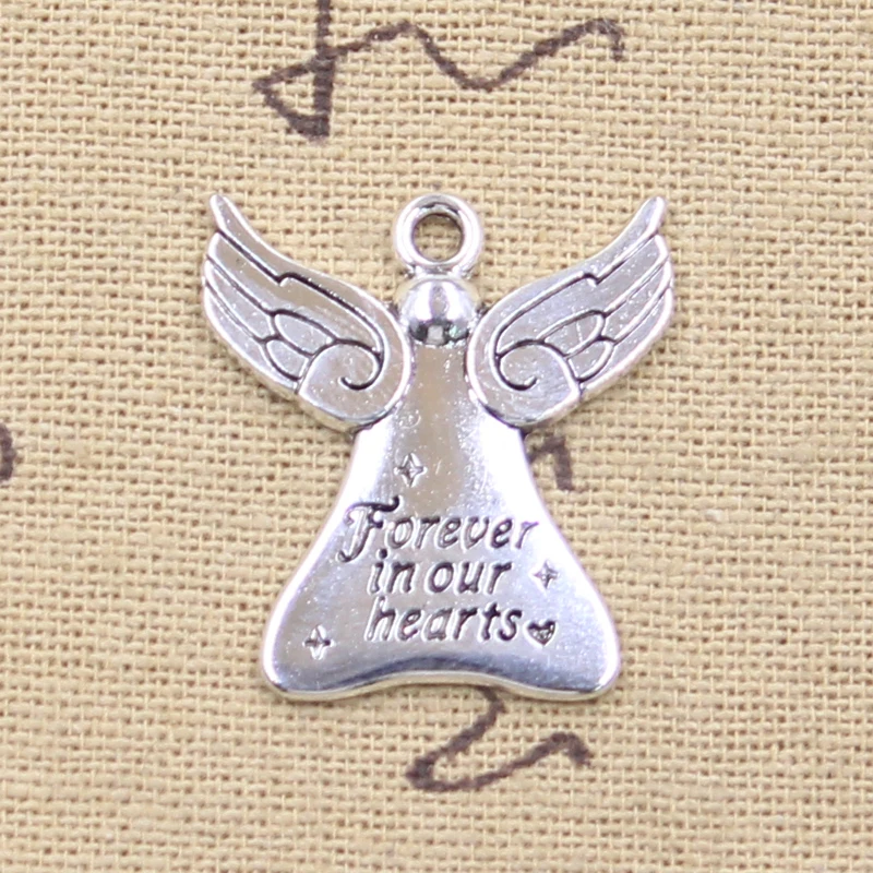 15pcs Charms Angel Forever In Our Hearts 27x24mm Antique Silver Color Pendants Tibetan Findings DIY Handmade Making Craft