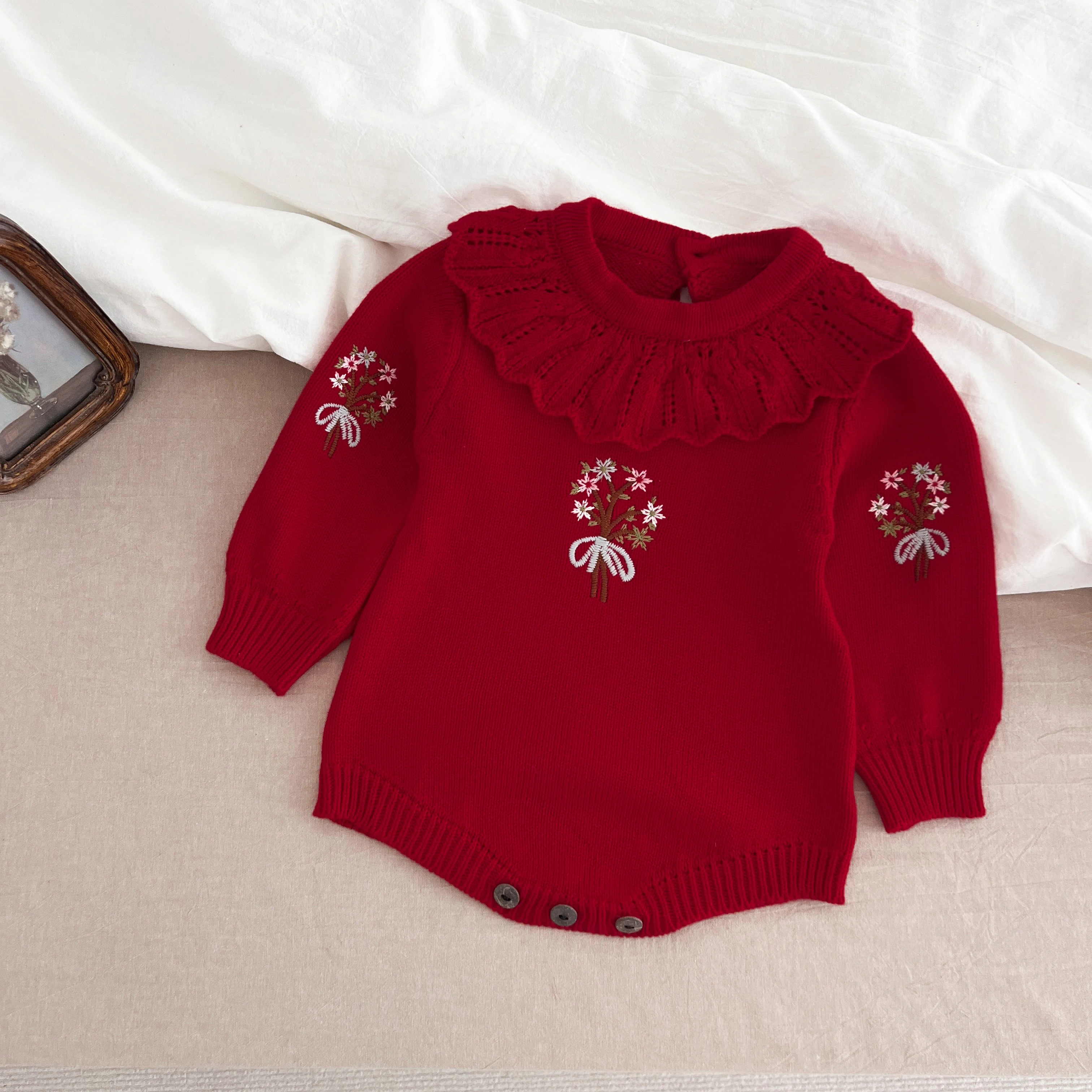 Weihnachten Stickerei Floral Baby Mädchen Pullover Strampler Neugeborenen Lange Ärmel Stricken Kleidung Prinzessin Strickwaren Winter Herbst Overall ﻿ – Detail 2