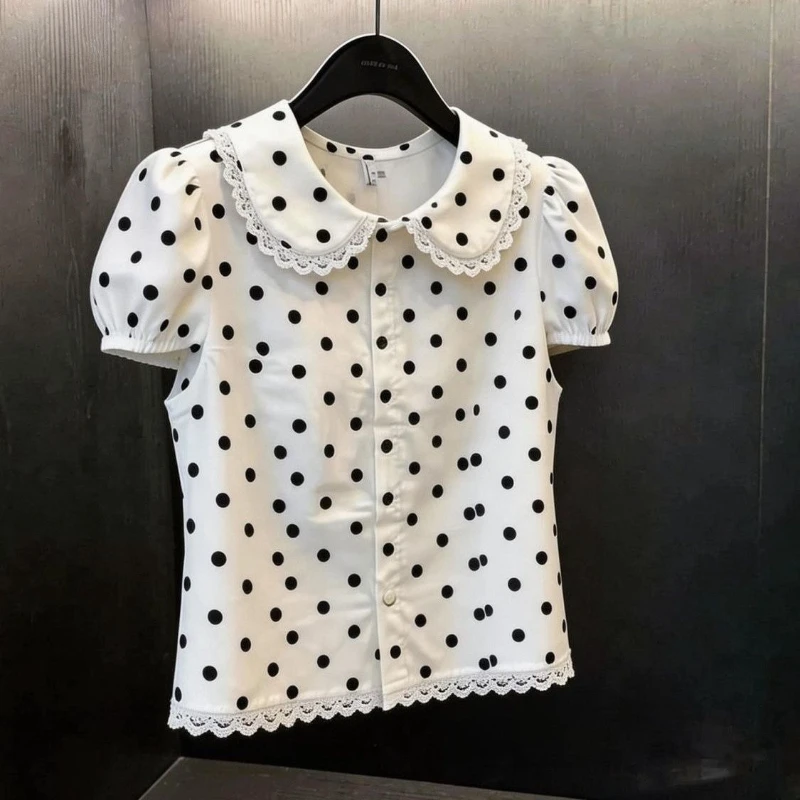 Summer Women's Doll Collar Short-sleeved Blouse Dot Pattern Elegant Lace Trim Sweet Buttons Shirts Tees Korean-style Chic Shirt